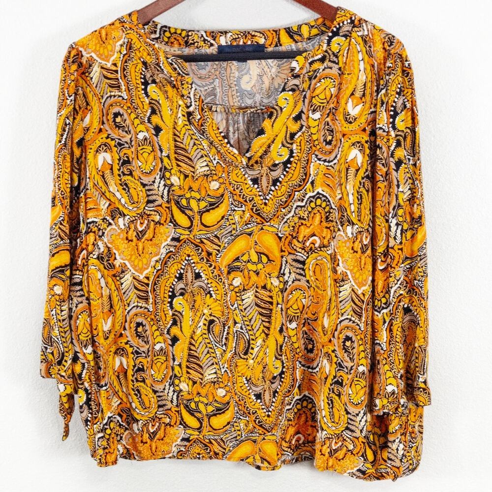 Rachel Roy Paisley Long Sleeve Blouse Gold Black Size 1X Boho Flowy